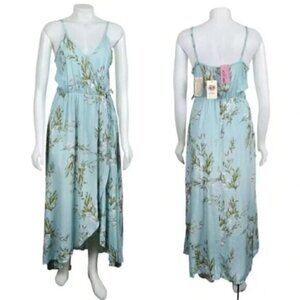 NWT Entro Floral Maxi Dress Blue Sleeveless Faux Wrap Rayon Size Large